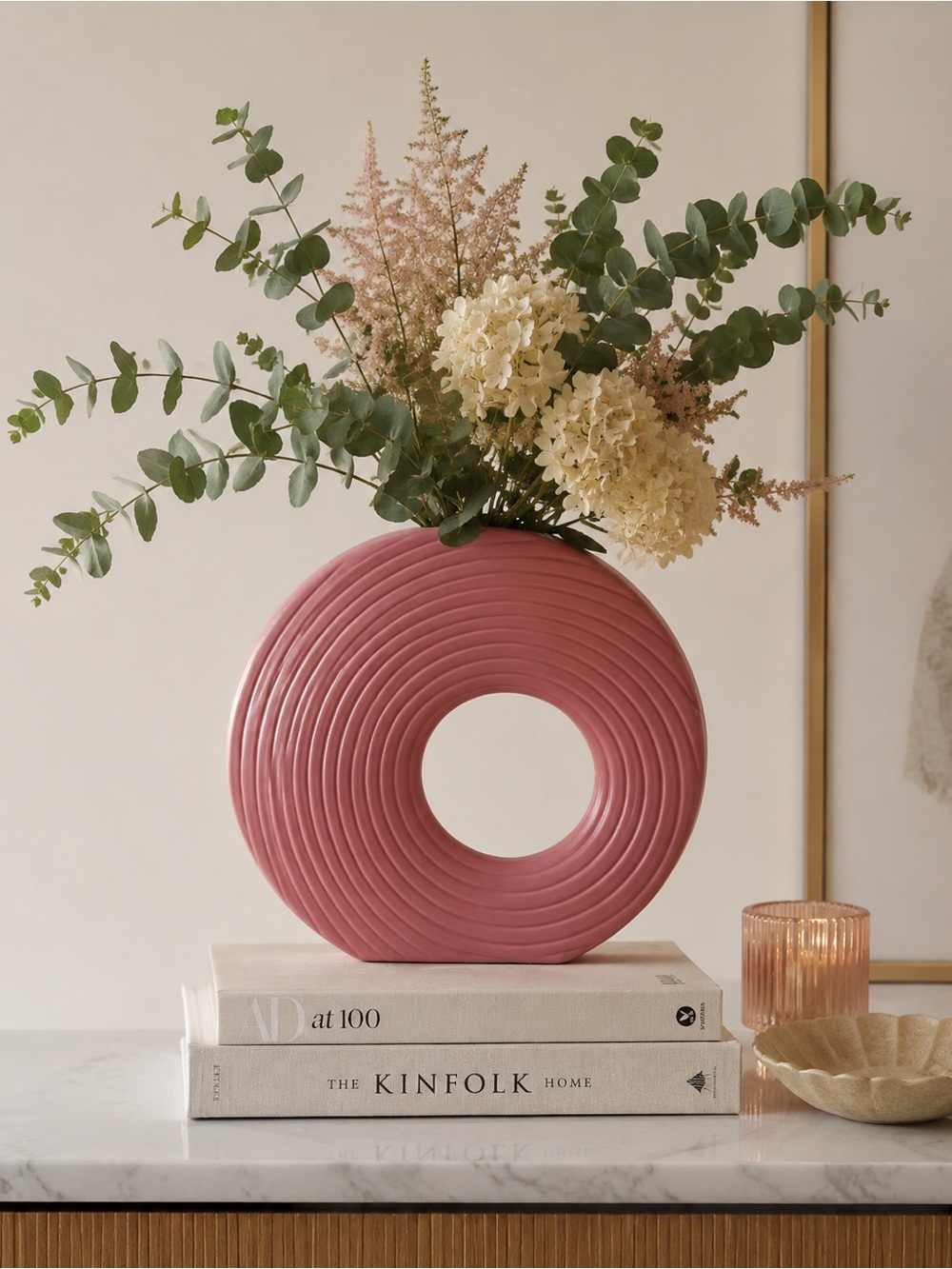 Sporvil 12" Round Donut Ceramic Ikebana Flower Vase In Salmon MADE IN PORTUGAL